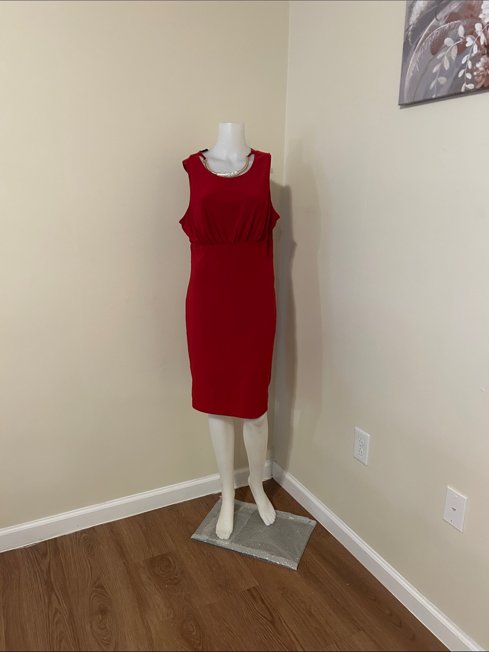 Sleeveless Red Midi Dress with Embellished Neckline